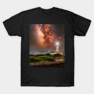 Lighthouse on the edge of Mallorca island with a magnificent Milky Way view T-Shirt